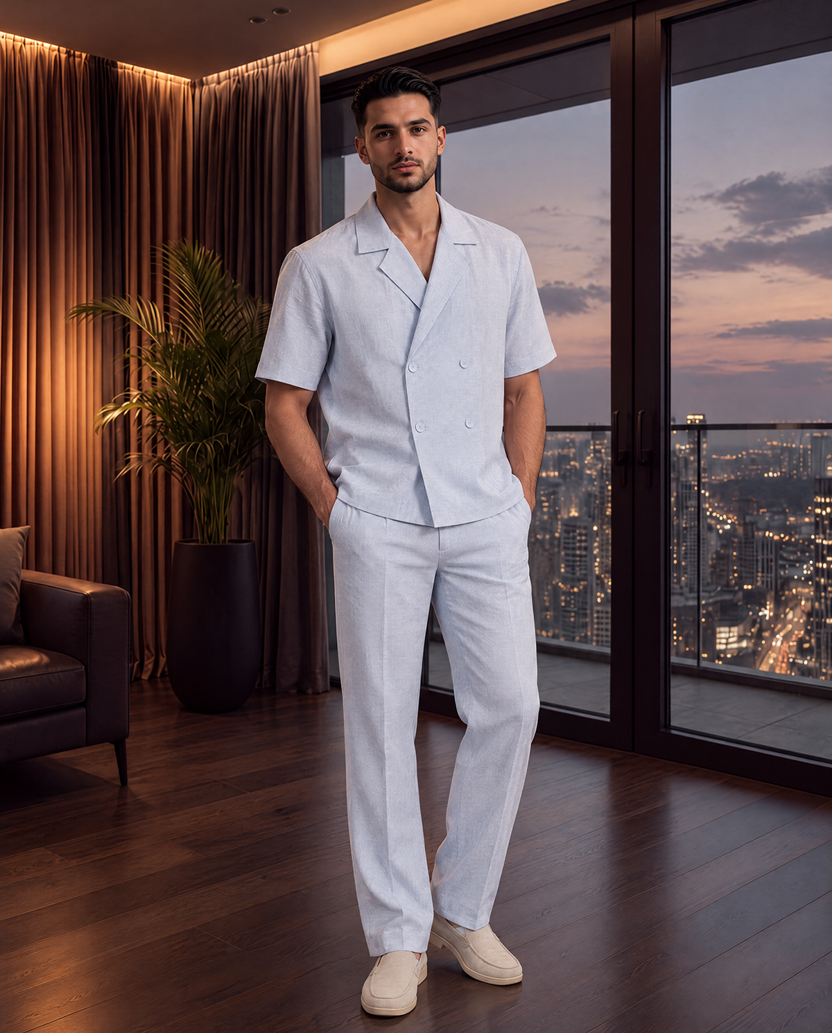Linen Double Breast Shirt in Sky