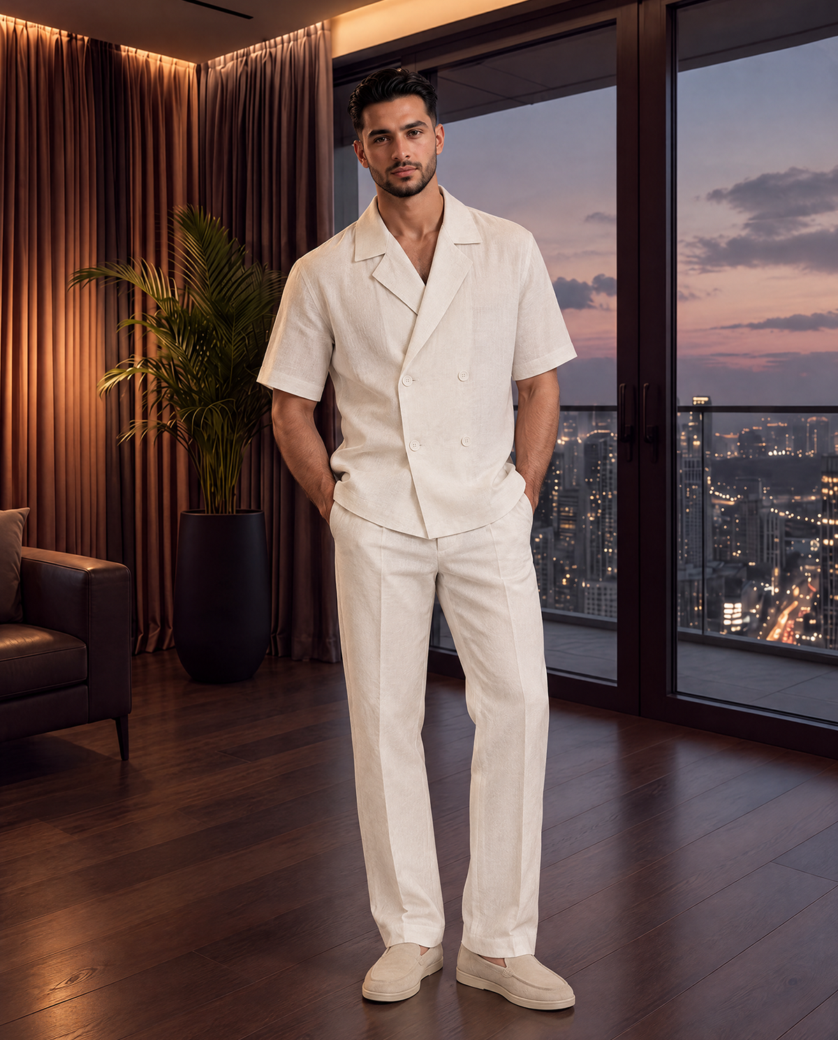 Linen Double Breast Shirt in White