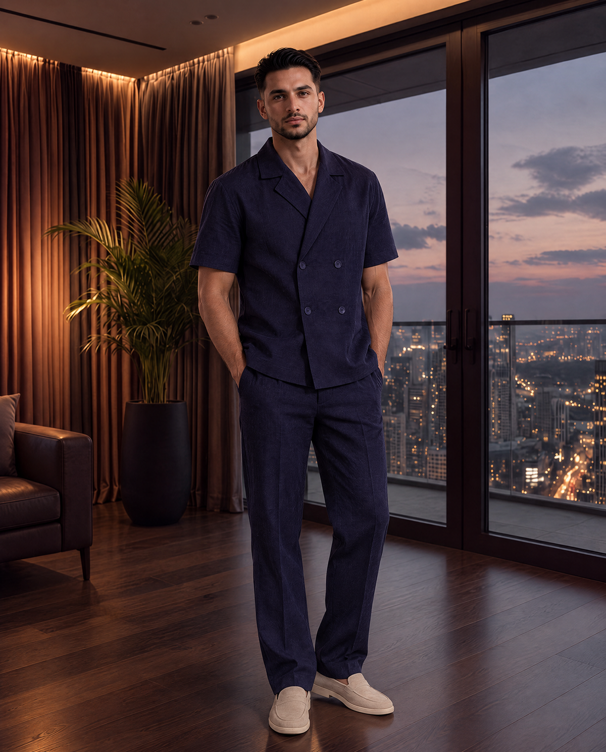 Linen Double Breast Shirt in Navy
