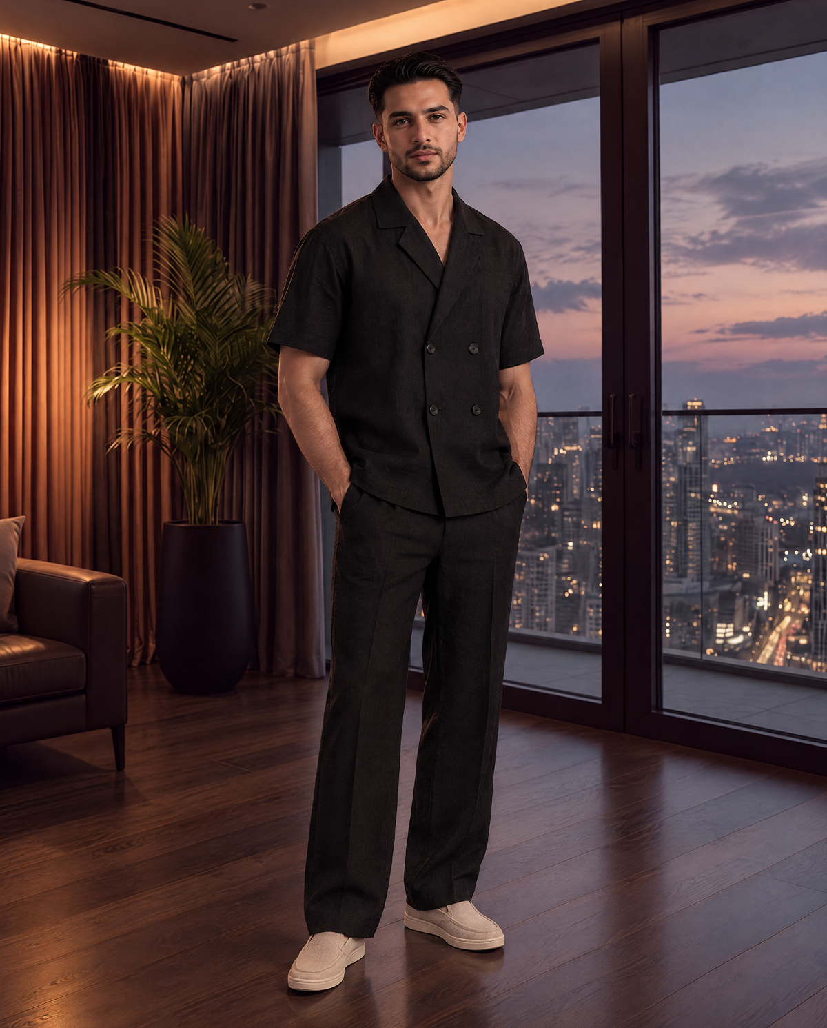 Linen Double Breast Shirt in Black