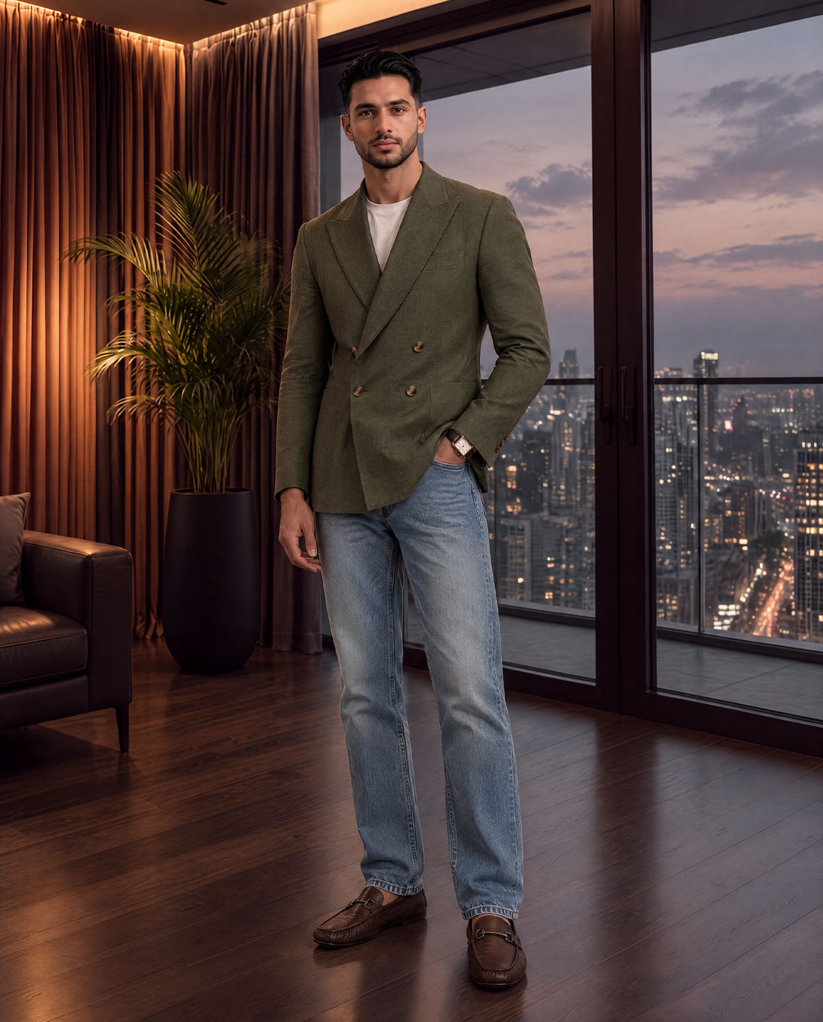 Dark Olive Linen Double Breast Blazer