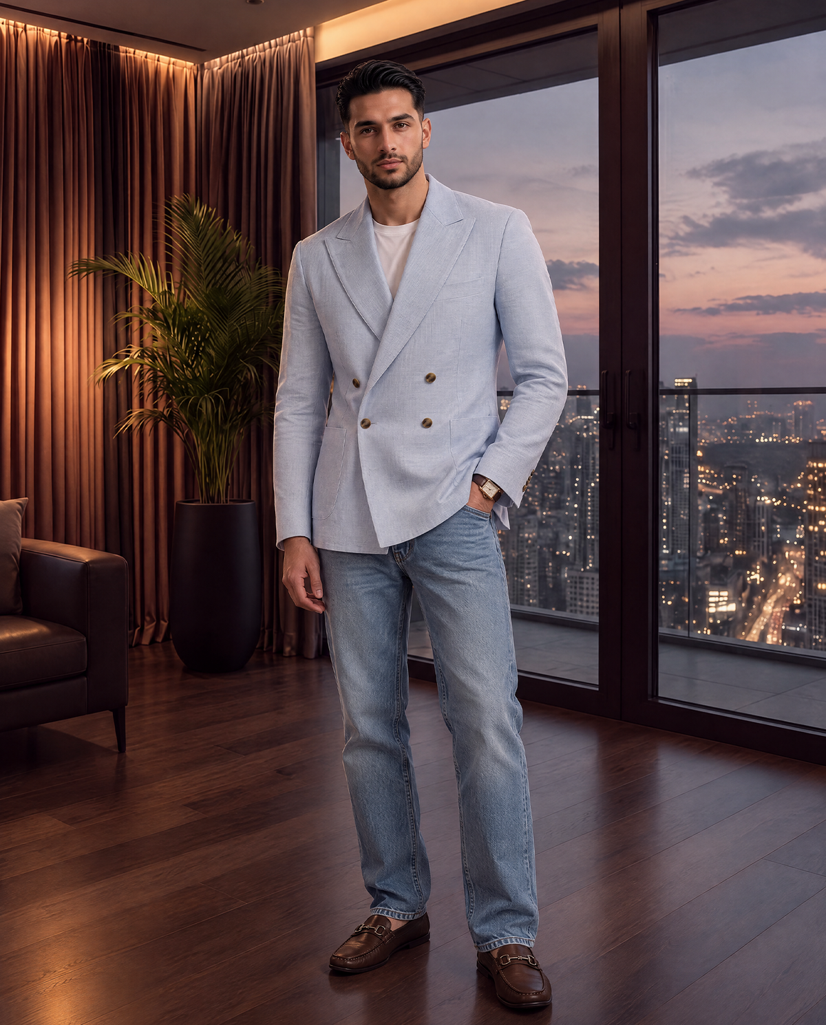 Sky Linen Double Breast Blazer