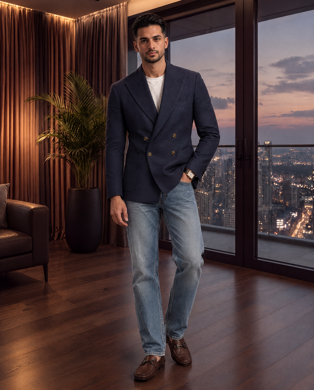 Navy Linen Double Breast Blazer