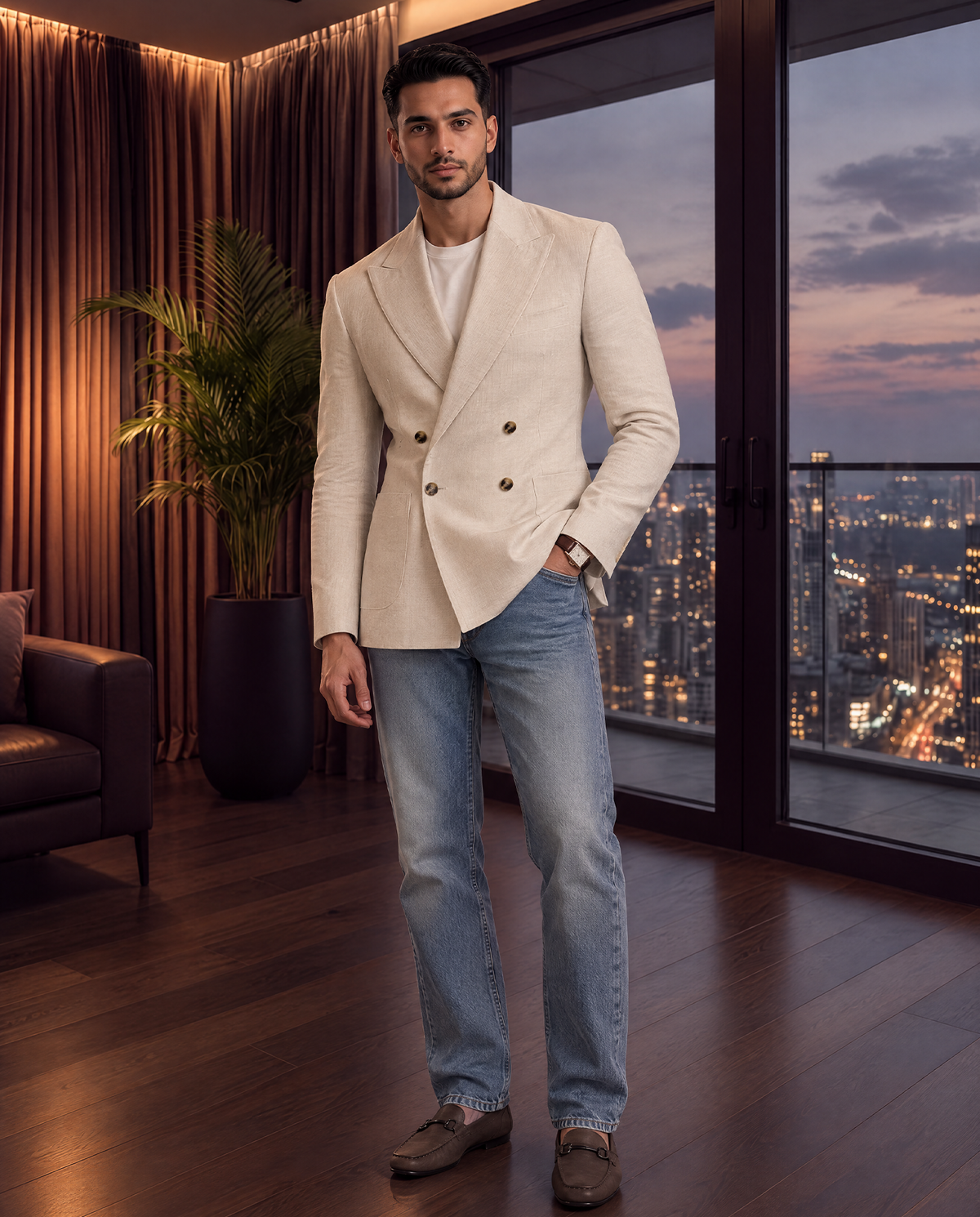 White Linen Double Breast Blazer