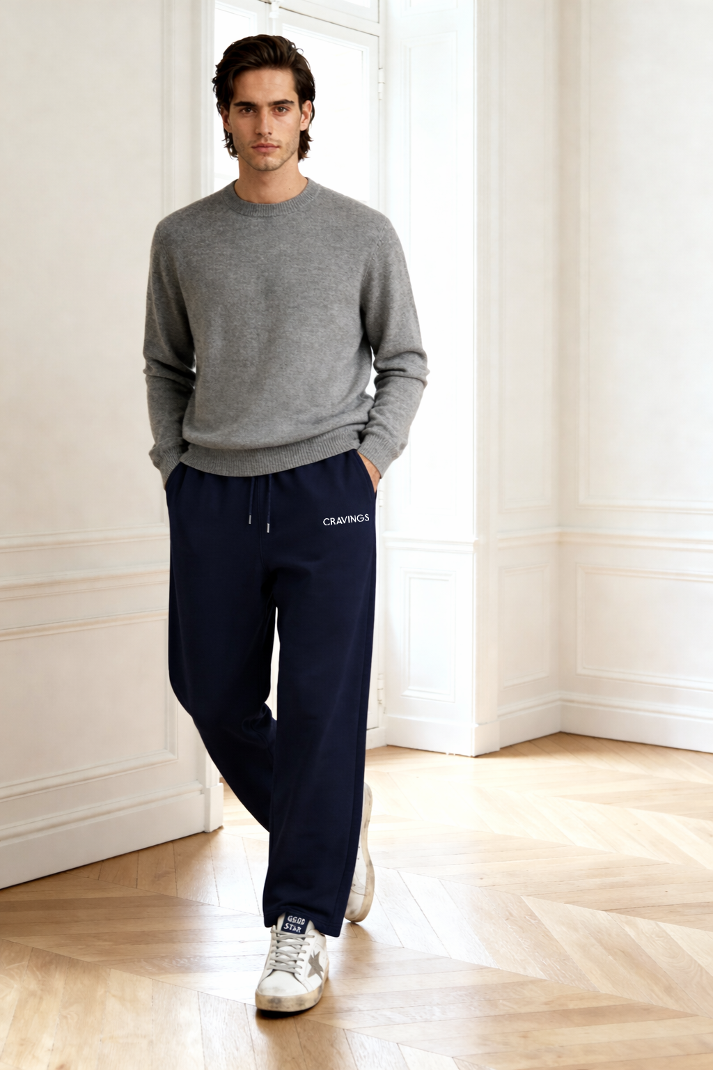 Straight Fit Elasticated Pants in Navy